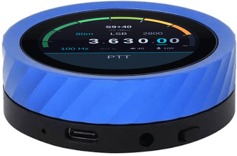 VFO-Knob Blue: a blue knob with a round display, on a black base with a USB-C port and a 3.5 mm jack